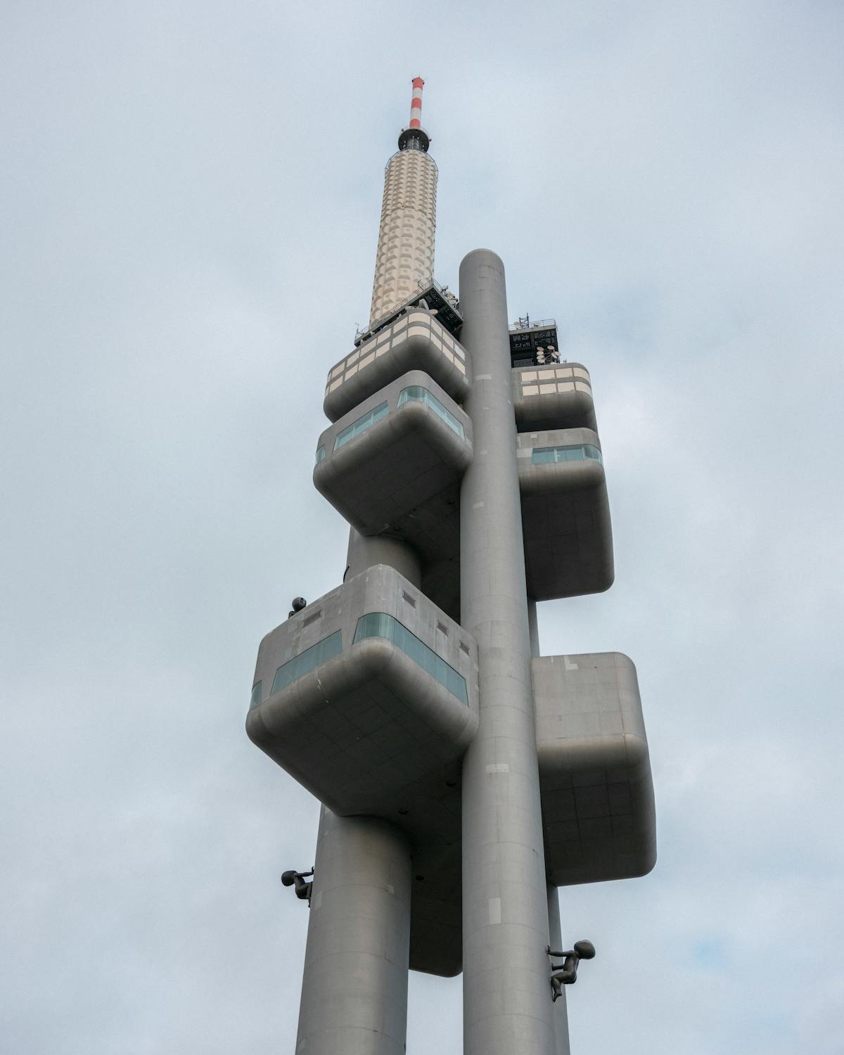 Žižkov Television Tower close-up — landmark of Prague 3